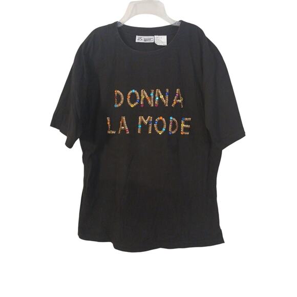 Vintage Tops - Donna La Mode Jeweled T-shirt Size L Black GOLD BEADED Super Fancy Bling Party